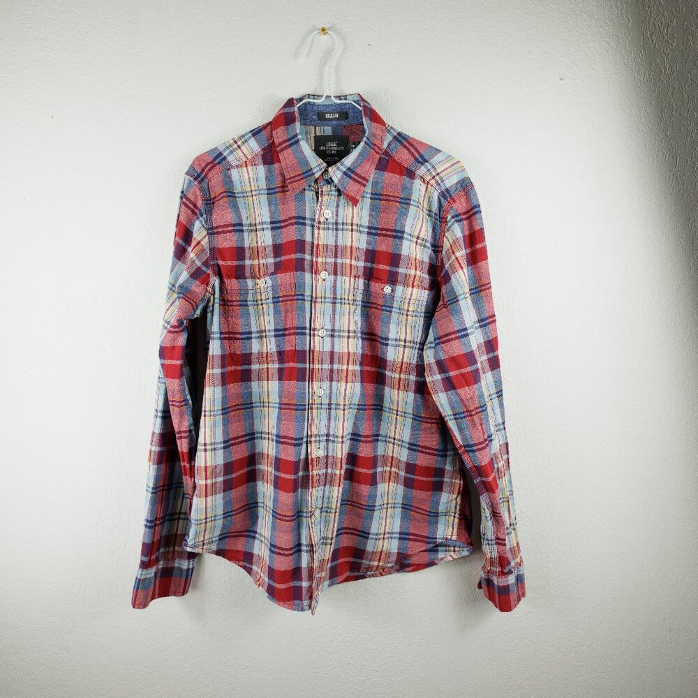 H&M L.O.G.G. Men’s M Plaid Button Up Shirt Red Blue Long Sleeve Pockets Casual